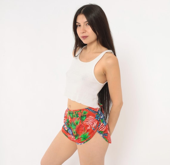 90s Hawaiian Wrap Shorts Hana Red Tropical Floral Cotton Hot Pants Green Blue Hibiscus Palm Tree Beach Summer Vacation Surf Vintage Small S