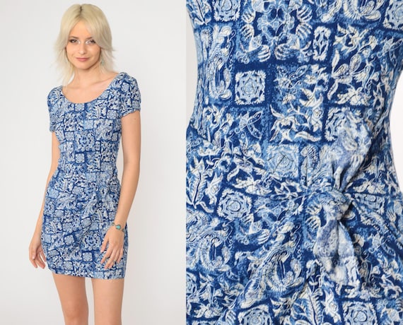 90s Floral Sheath Dress Blue Abstract Butterfly Bird Print Mini  Wrap Tie Skirt Rayon Party Summer Short Sleeve Vintage 1990s Extra Small xs