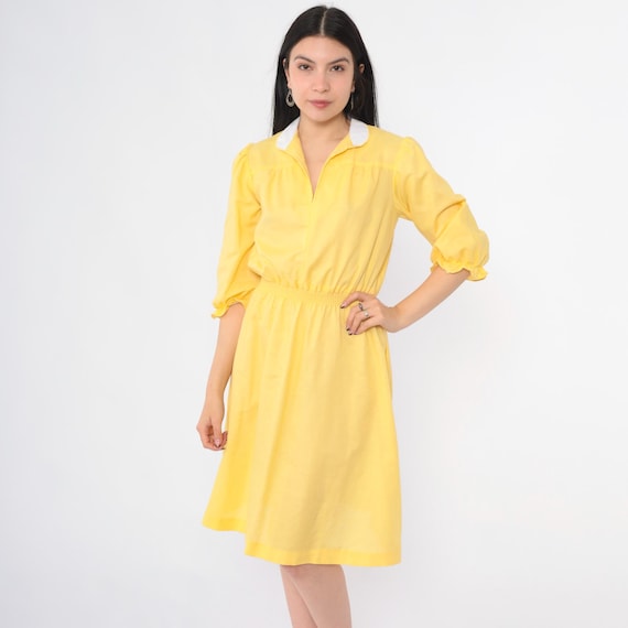 Vintage Yellow Puff Sleeve Dress 70s 80s Midi Day Dress High Smocked Waist V Neck Yoke 1970s Knee Length Slouchy Blouson Small S