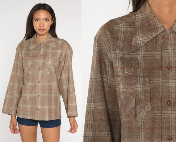 70s Plaid Shirt SR Initials Brown Shirt Wool Button Up Long Sleeve Checkered Dagger Collar Shirt 1970s Boyfriend Shirt Medium Large