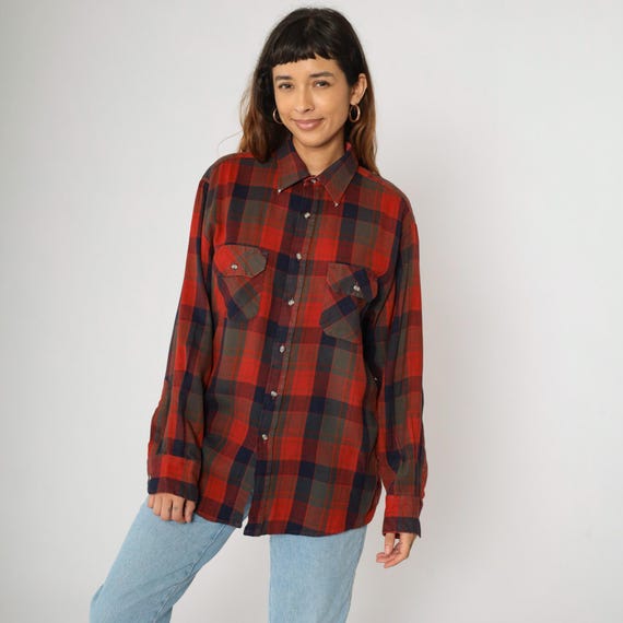 Vintage 80s Plaid Shirt Red Navy Blue Flannel Button Up Shirt Retro Checkered Collared Long Sleeve Top Acrylic Pocket 1980s Men's Large