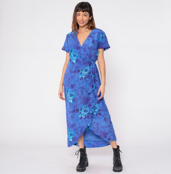 Blue Floral Dress Y2K Silk Faux Wrap Dress Ruffled Cascading Waterfall Hem Flower Rose Print Short Sleeve Vintage 00s spenser jeremy Medium