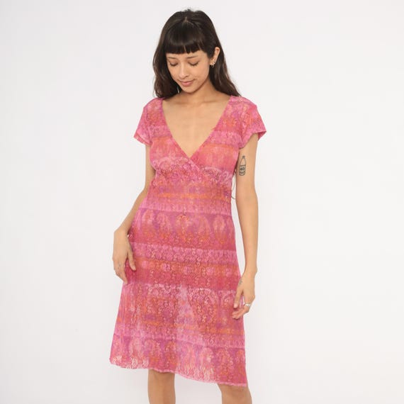 Pink Lace Dress 2000s Sheer Floral V Neck Wrap Bodice Cap Sleeve Knee Length Rose Ombre Gradient Mesh Feminine Coquette Vintage Extra Large