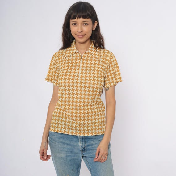 70s Houndstooth Polo Orange Gold Cream Geometric Print Zip Front Collared Disco Mod Vintage Top Shirt Patterned Fitted Extra Small XS