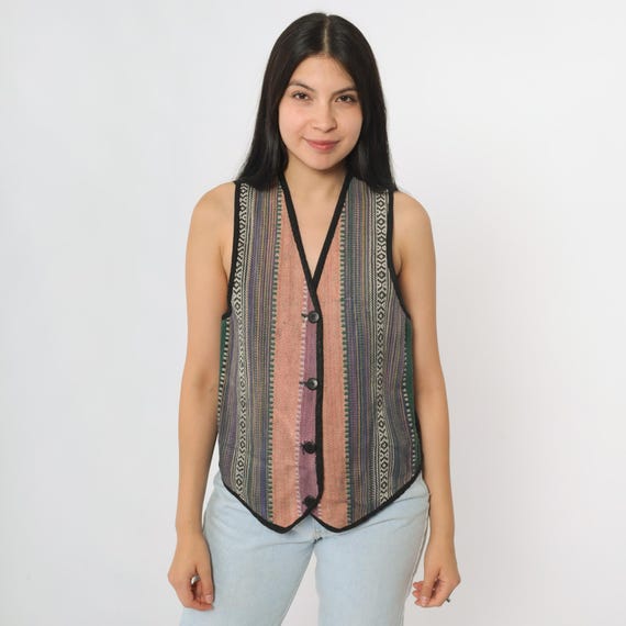 90s Southwest Vest Boho Tapestry Print Hippie Southwestern Striped Vest 1990s Bohemian Hippie Coachella Vintage Festival Vest Aztec Small S