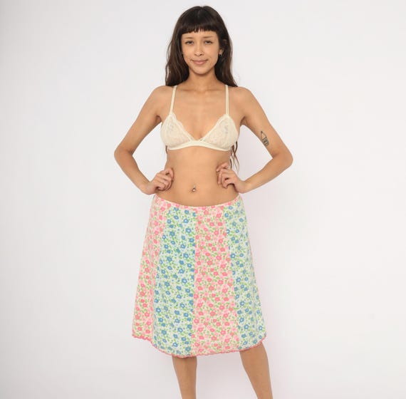 70s Flower Power Skirt Floral Panel Pink Blue Green Cotton Hem Flower Spring Garden Prairie Cottagecore Feminine Pastel Vintage Large L