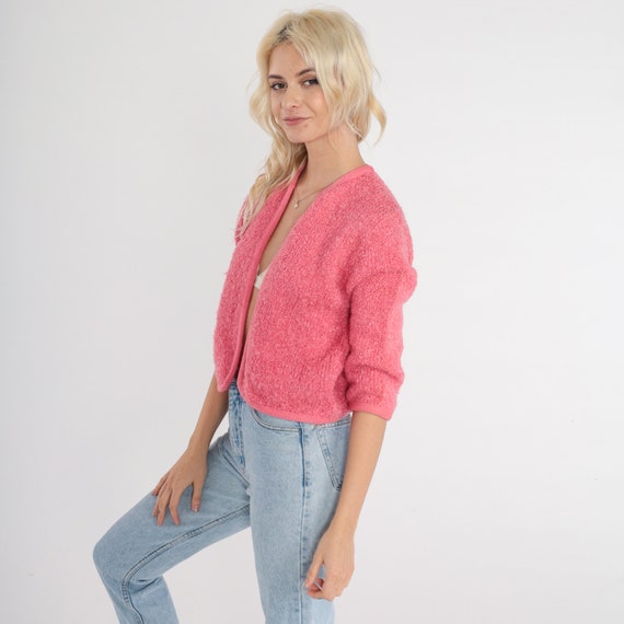 Pink Wool Cardigan 60s Open Front Knit Sweater Cr… - image 4