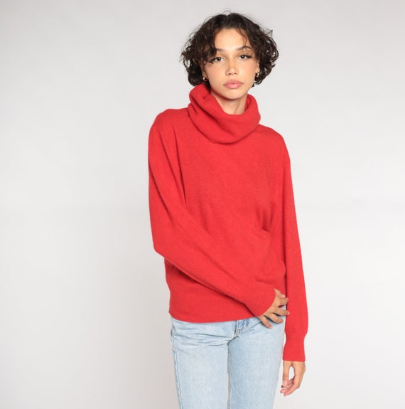 Red Turtleneck Sweater 90s Wool Angora Blend Knit… - image 2