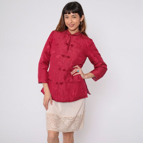 Asian Inspired Jacket 80s Red Floral Chinese Knot Button up Jacket Quilted Lining Down Fill Flower Bamboo Print Boho Vintage 1980s Small S