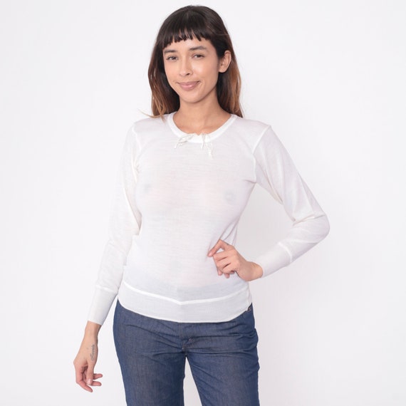Vintage White Wool Shirt Thermal Undershirt 80s Long Sleeve Shirt Plain T Shirt Vintage Drawstring Neck Pullover Tshirt Small S
