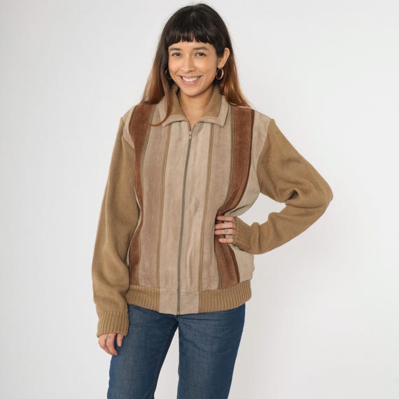 Vintage Tan Suede Knit Jacket 80s Striped Brown Leather Bomber Jacket Retro Sweater Zip Up Hippie Boho Coat Boho 1980s Large L