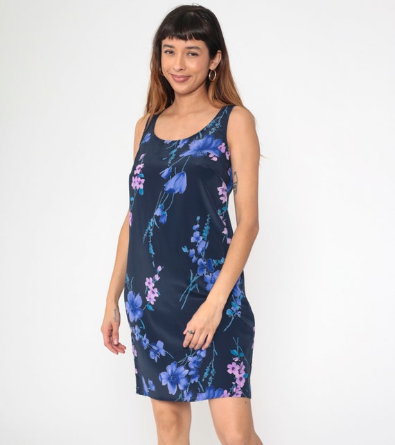 Floral Mini Dress 90s Shift Navy Blue Sundress Grunge Wildflower Print Day Sun Sleeveless Summer Vintage Lavender Violet 1990s Small 6