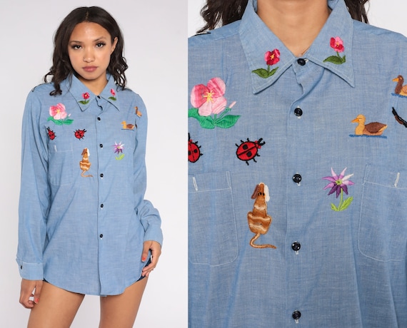 Embroidered Chambray Shirt 70s Floral Button Up Top Flower Ladybug Duck Dog Animal Bird Embroidery Blouse Blue Hippie Vintage 1970s Large xl