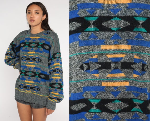 Southwestern Sweater 90s Grey Knit Pullover Sweater Retro Geometric Aztec Print Slouchy Crewneck Bohemian Jumper Vintage 1990s Large xl