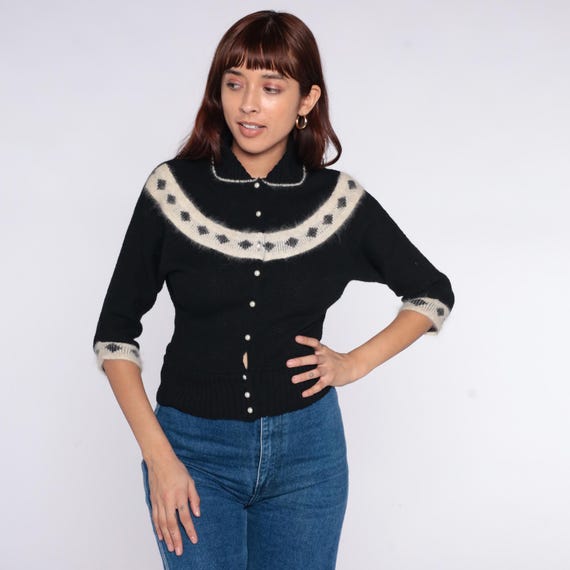 80s Black Cardigan Peter Pan Collar White Angora Trim Nordic Yoke Three Quarter Sleeve Knit Preppy Gothic Winter Dark Academia Vintage Small