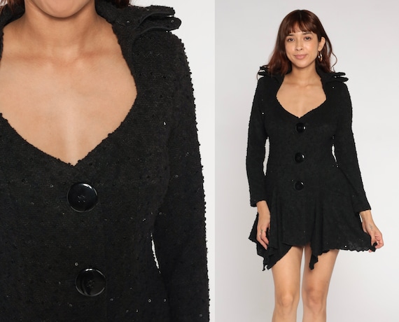 Y2K Black Knit Jacket Sequin Party Jacket High Low Button Up Jacket Dress Goth Vintage 00s Double Collar Fitted Plunge Neck Extra Small xs