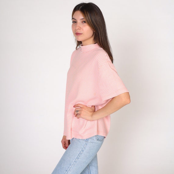 90s Striped Shirt Salmon Pink White T-Shirt Mock … - image 4