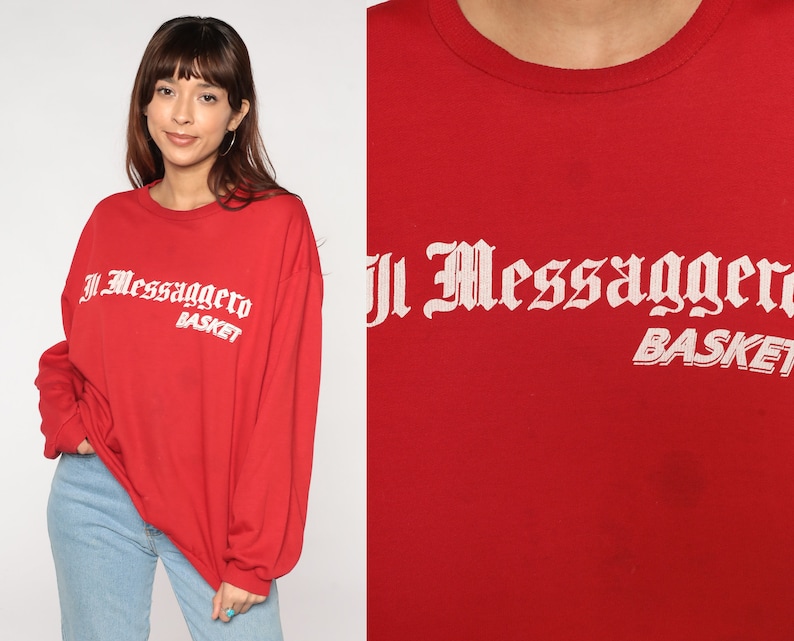 Il Messaggero Sweatshirt 80s Italian Newspaper Sweatshirt Basket Graphic Shirt Italy News Logo Red Crewneck Sweater Vintage 1980s Large L image 1