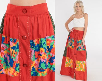 Patchwork Floral Skirt 70s Red Maxi Skirt Retro Groovy Flower Print Festival Seventies High Waisted Button up Summer Vintage 1970s Small S