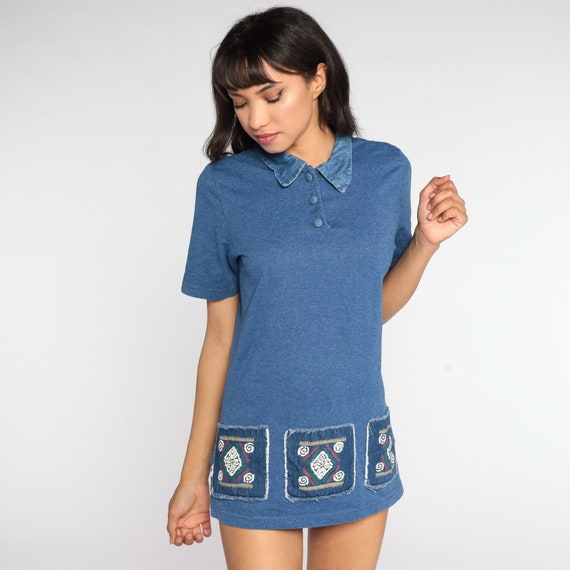 Geometric Shirt 90s Blue Polo Shirt Graphic Top S… - image 3