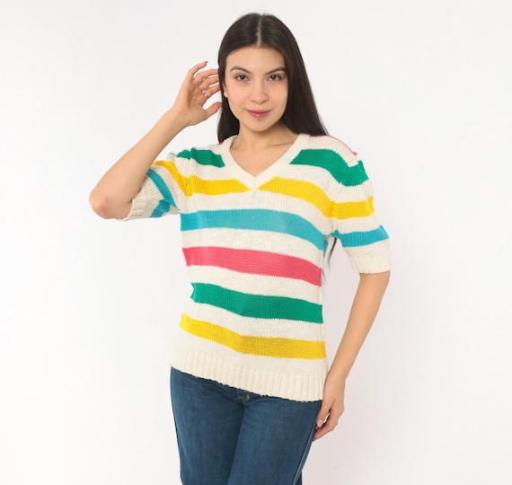 Rainbow Stripe Knit Top 90s V Neck Sweater Colorful Cotton Pullover Cream Green Yellow Blue Collegiate Preppy Vintage Brittania Medium M