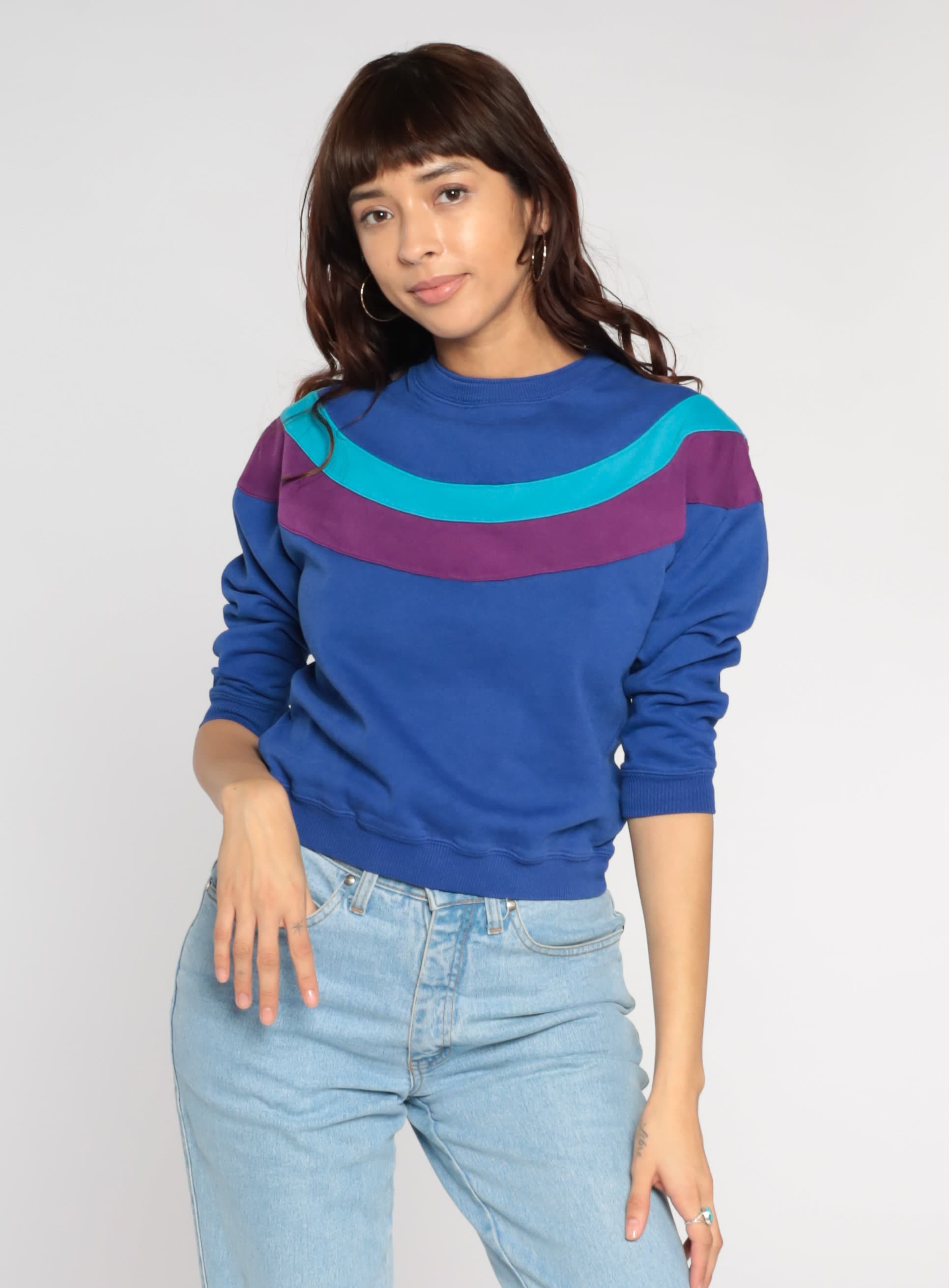 Blue Striped Sweatshirt 90s Rounded Mod Stripe 3/4 Sleeve Sweatshirt ...