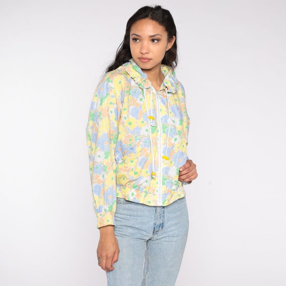 Floral Hooded Jacket 80s 90s Pastel Windbreaker Hoodie Retro Zip Up Bomber Flower Print Boho Vintage 1980s Spring Jacket Lightweight Medium