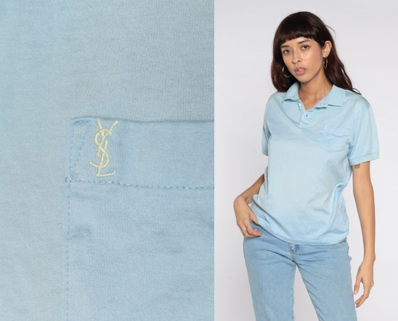 YSL Polo Shirt 80s Baby Blue Yves Saint Laurent Pocket Front Button Up Collared Embroidered Logo 1980s Vintage Short Sleeve Mens Medium M