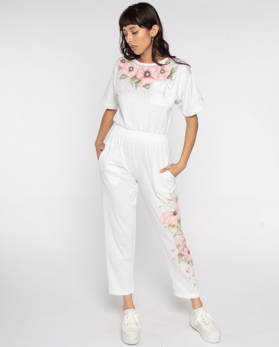 Floral Jumpsuit 80s Hand Painted White Pantsuit Pink Floral Print Vintage Romper 90s High Waisted Button Up Short Sleeve Extra Small XS