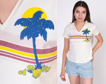 Vintage Ocean Pacific Shirt 80s Palm Tree Shirt Single Stitch Tropical Tshirt 1980s Beach Top Graphic Tee White Retro T Shirt Extra Small xs