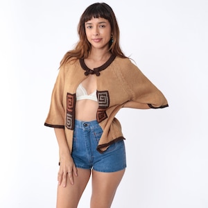 Southwestern Cardigan 70s Brown Knit Open Front Sweater Top Geometric Swirl Print Button up Boho Raglan 3/4 Sleeve Tan Vintage 1970s Medium