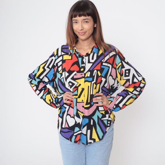 Colorful Abstract Shirt 90s Big Dart Geometric Rainbow Hearts Psychedelic Print Vintage Long Sleeve Button Up Viscose Memphis Large L 16