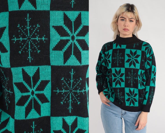 Snowflake Sweater 80s 90s Knit Pullover Sweater Black Green Checkered Print Mock Neck Jumper Fair Isle Geometric Acrylic 1980s Vintage Small