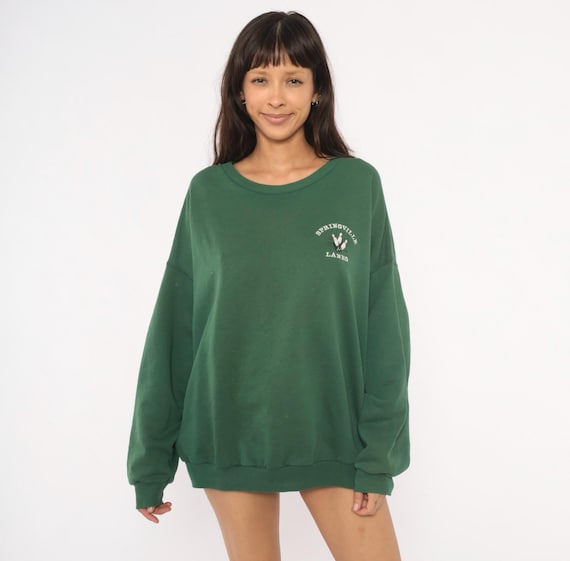 Springville Lanes Bowling Sweatshirt 90s Embroidered Forest Green Pullover Cotton Boxy Fit Sweater Vintage Plus Size Extra Extra Large XXL