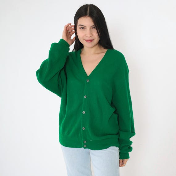 Vintage 70s Green Cardigan Button Up Knit Sweater Retro Plain V Neck Grandpa Sweater Slouchy Preppy Knitwear Acrylic 1970s Men's Large L