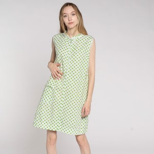 Abito vintage a pois anni '60, miniabito bianco mod, abito a tubino con cerniera frontale, miniabito casual anni '60 senza maniche, abito da giorno verde, taglia media 10