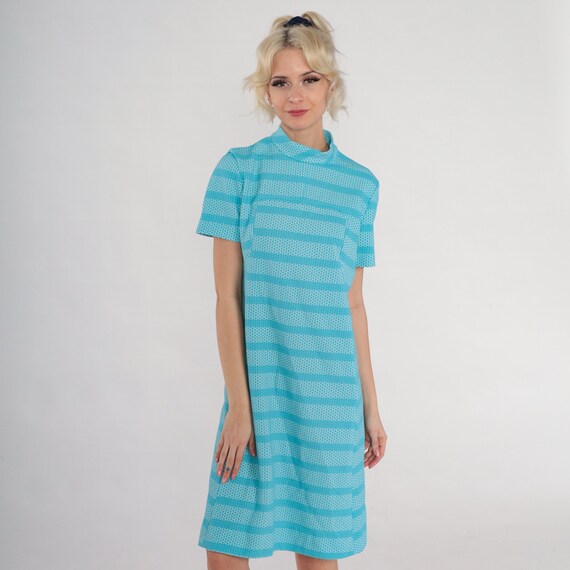 60s Mod Dress Blue Striped Shift Dress Mock Neck Bubble Print Retro Space Age Go Go Mockneck Short Sleeve Knee Length Vintage 1960s Small S
