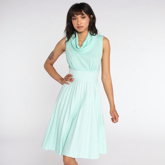70s Babydoll Dress Mint Green Gingham Dress 60s M… - image 3