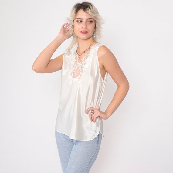 White Satin Tank Top 80s Pearl Beaded Lace Camisole Top Cami Shirt Liquid 1980s Sexy Sleeveless Going Out Shirt Party Medium
