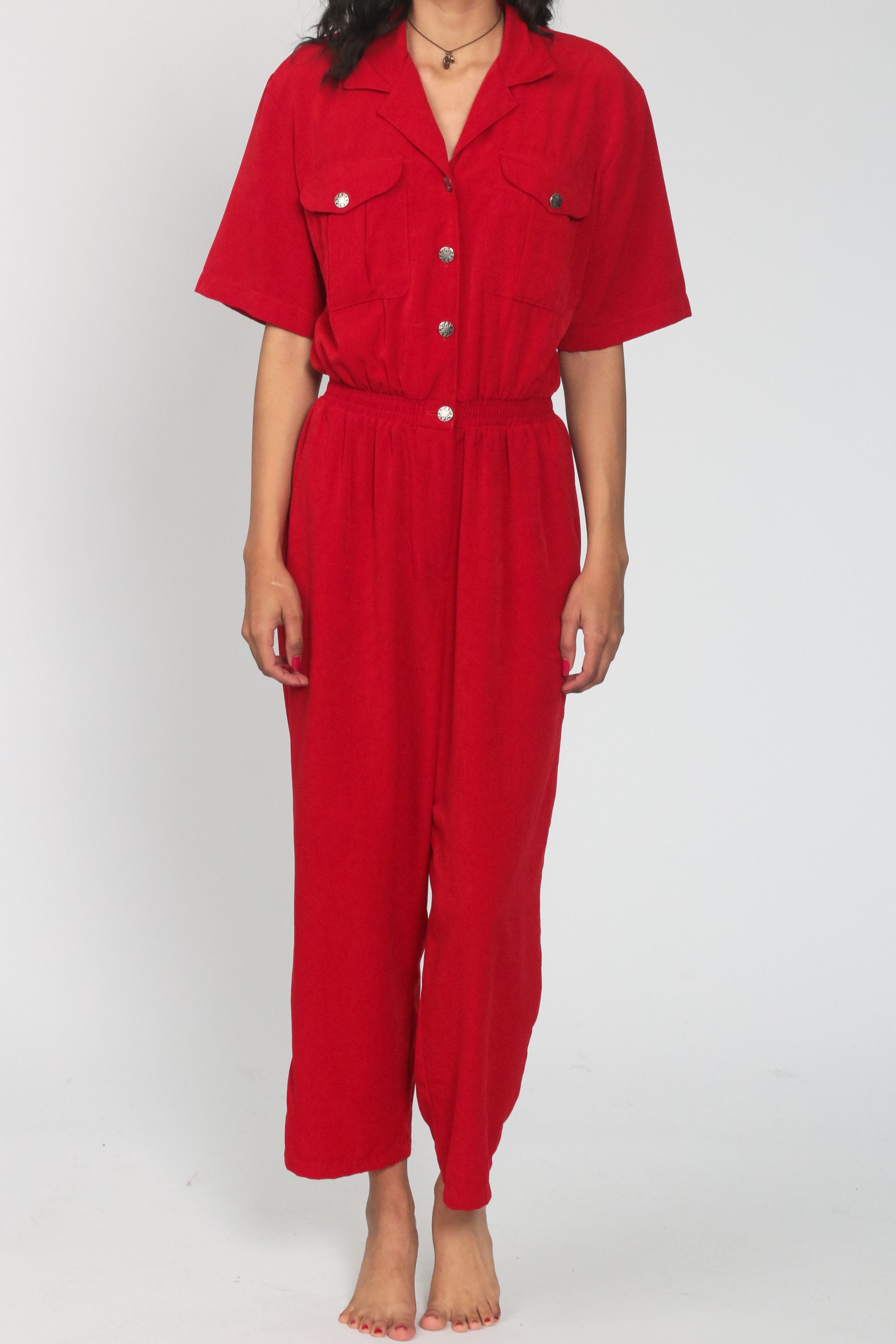 80s Jumpsuit Plain Red Red Tapered Pant Button Up High Waisted 90s Vintage Pantsuit Short Sleeve