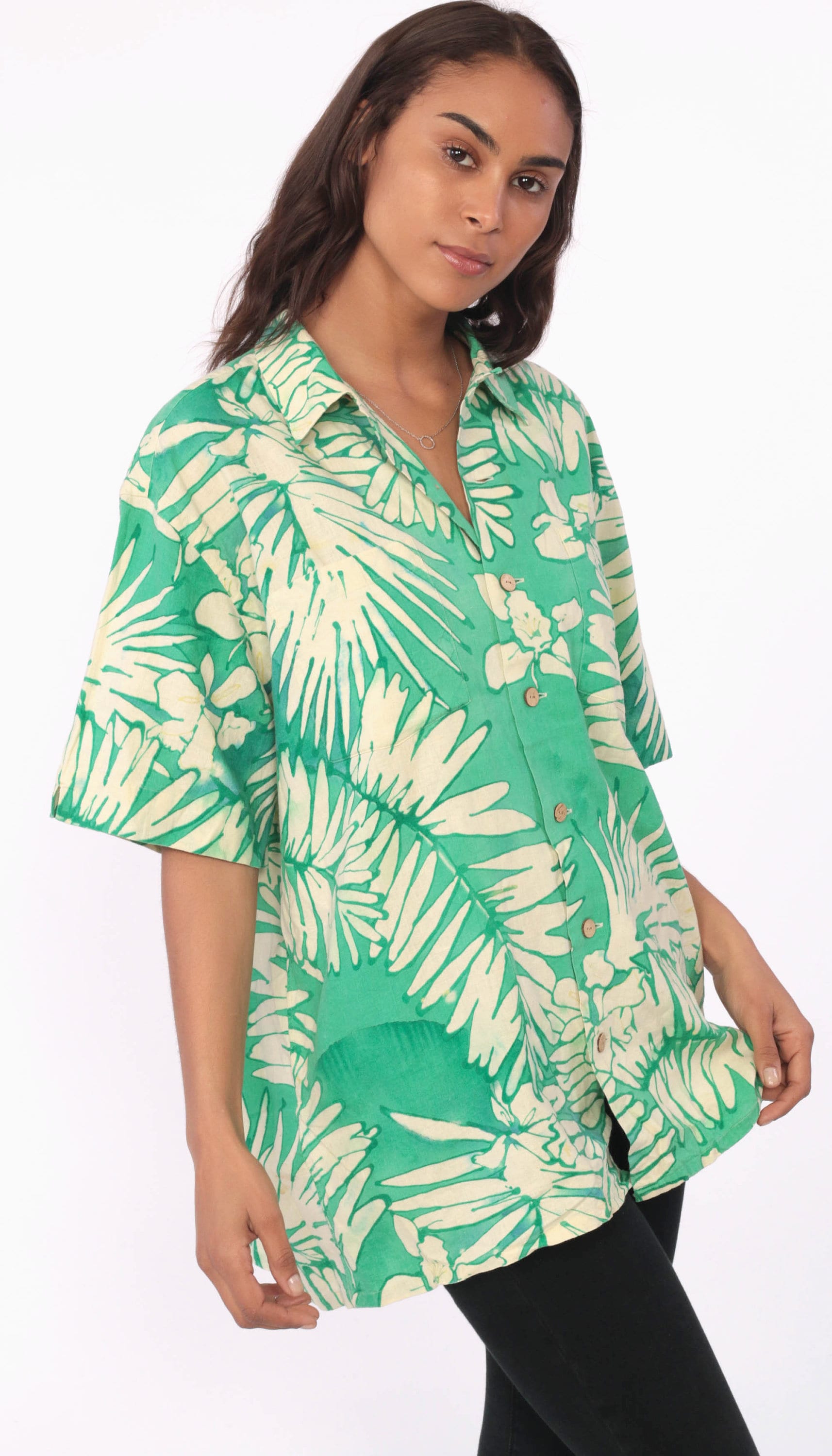 white and black printed shirt