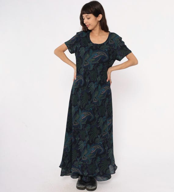 90s Paisley Dress Navy Blue Green Teal Short Sleeve Flowy Loose Fit Abstract Print Floor Length Vintage Summer Grunge Gothic Extra Large XL