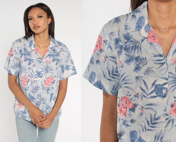 90s Floral Button Up Shirt Blue Pink Floral Blouse Cotton Polyester Shirt Tropical Summer Top Short Sleeve Top Boho 1990s Vintage Large