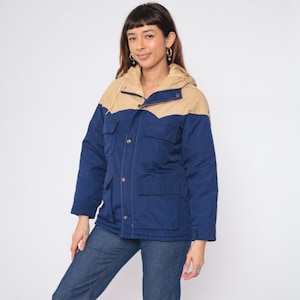 80s Hooded Ski Jacket Retro Zip Up Puffer Jacket Blue Tan Color Block Western Yoke Winter Skiwear Insulated Puffy Coat Vintage 1980s Medium