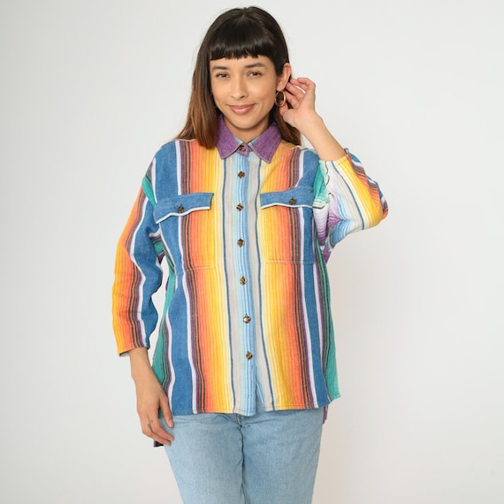 Vintage Blanket Stripe Shirt 90s Rainbow Serape Baja Button Up Blouse Purple Collar Cotton Western 1990s Bright Southwestern Hippie Medium