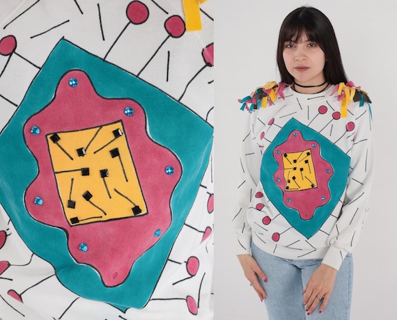 Abstract Print Sweatshirt 80s 90s Beaded Fringe P… - image 1