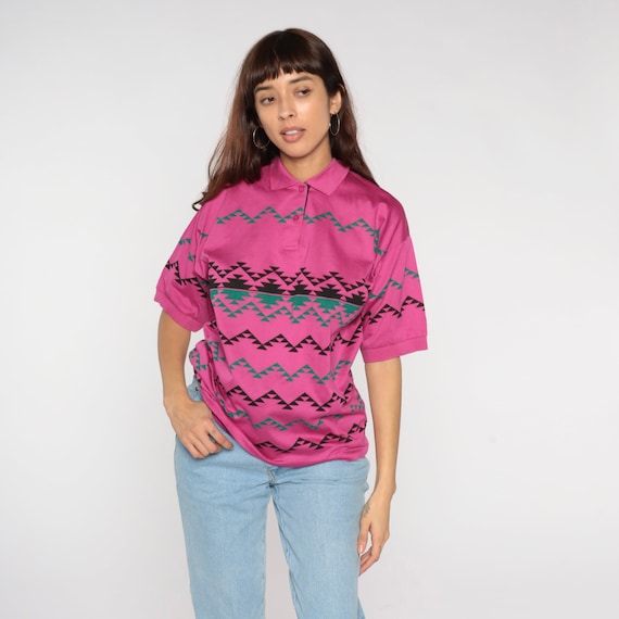 Pink Striped Polo Shirt 90s Geometric Zig Zag Print Southwestern Button Up Collared Shirt Short Sleeve Retro Southwest Vintage 1990s Large L
