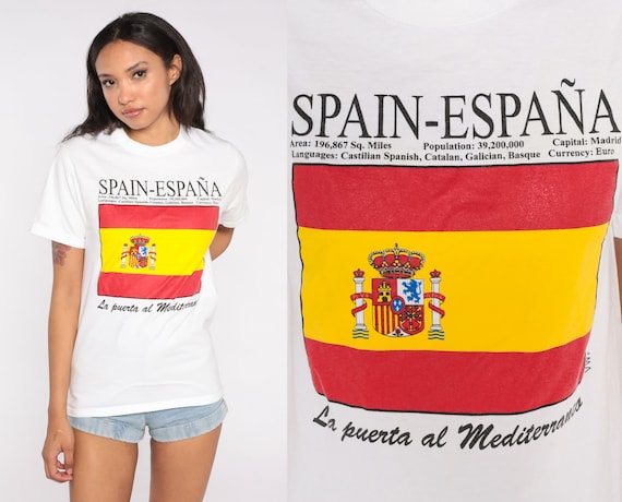 Spain España T Shirt 80s 90s Spanish Flag Shirt Mediterranean Retro Tourist TShirt Vintage 1980s 1990s Single Stitch Graphic Tee White Small