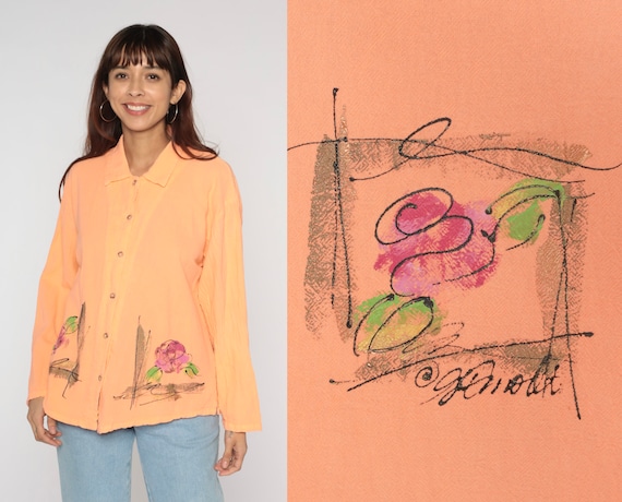 Rose Print Blouse Y2k Peach Floral Button Up Shirt Long Sleeve Collared Top Retro Flower Illustration Hippie Vintage 00s Cotton Medium M