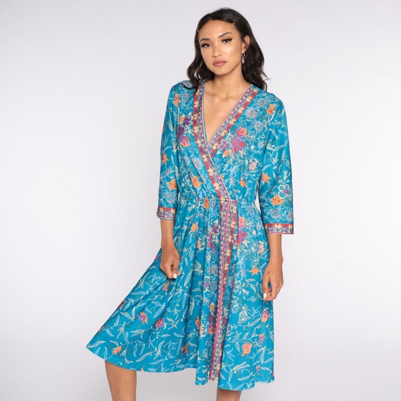 Floral Midi Dress 70s Wrap Blue Boho Chic 1970s Deep V Neck White Bohemian Vintage High Waist Retro Hippie Long Sleeve Extra Large xl